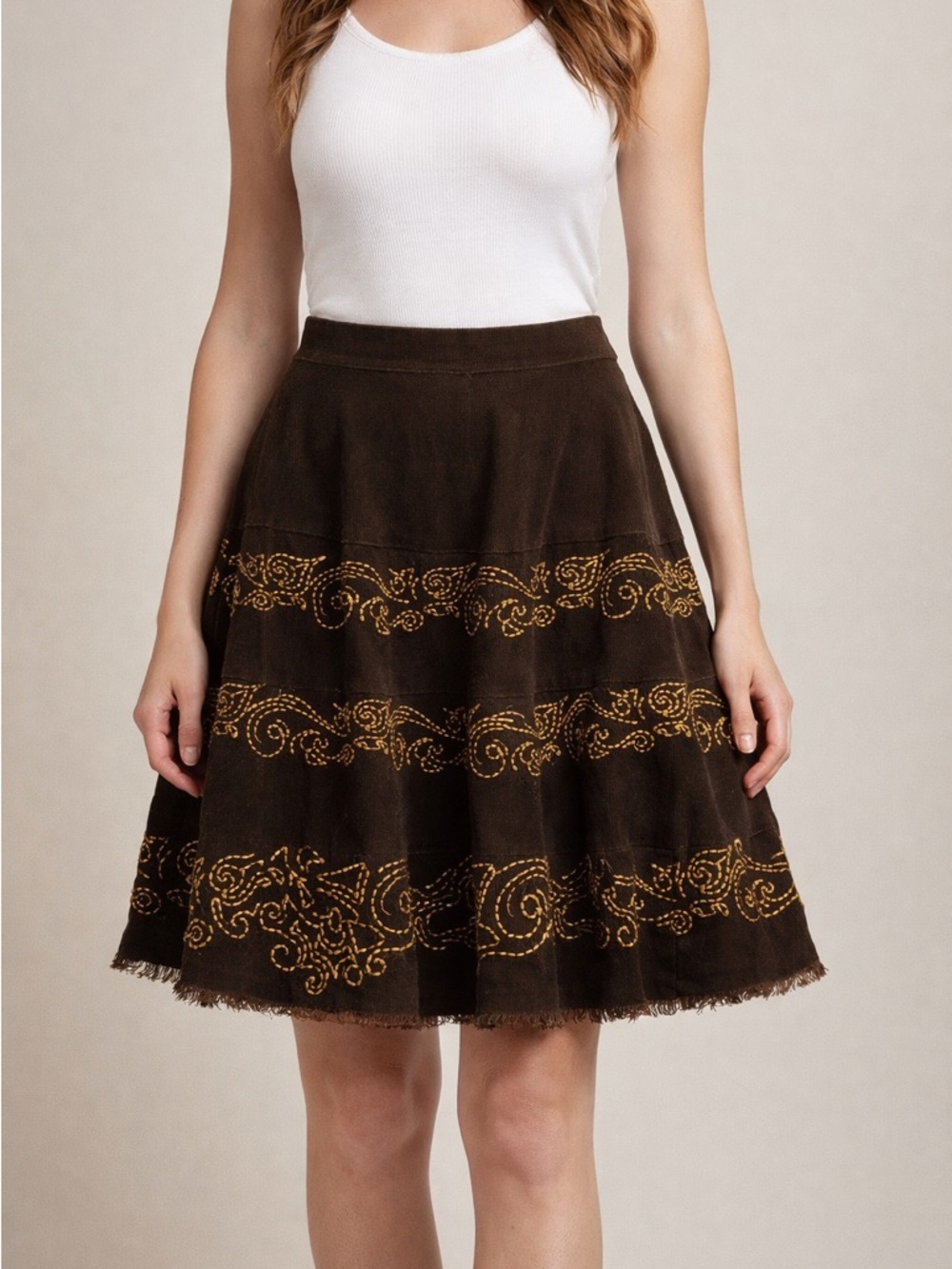 Buffalo David Bitton Brown Corduroy Skirt with Golden Embroidered Pattern